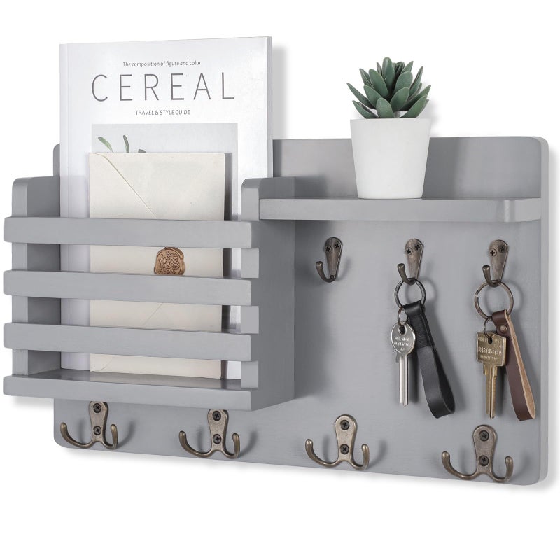 Nekon Mail Holder for Wall Mail Organizer with Key Hooks Hallway Farmhouse Decor Letter Sorter with Floating Shelf 168Inch x 10Inch x 32Inch Gray