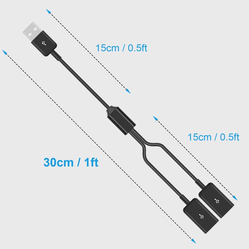 دوتك كابل مقسم USB من النوع Y بطول 1 قدم/30 سم، مقسم USB 1 مدخل و2 مخرج، يدعم الشحن ونقل البيانات للسيارة، اللابتوب، ماك، التلفزيون، الكمبيوتر الشخصي، القرص الصلب (1 مدخل و2 مخرج) - Image 3