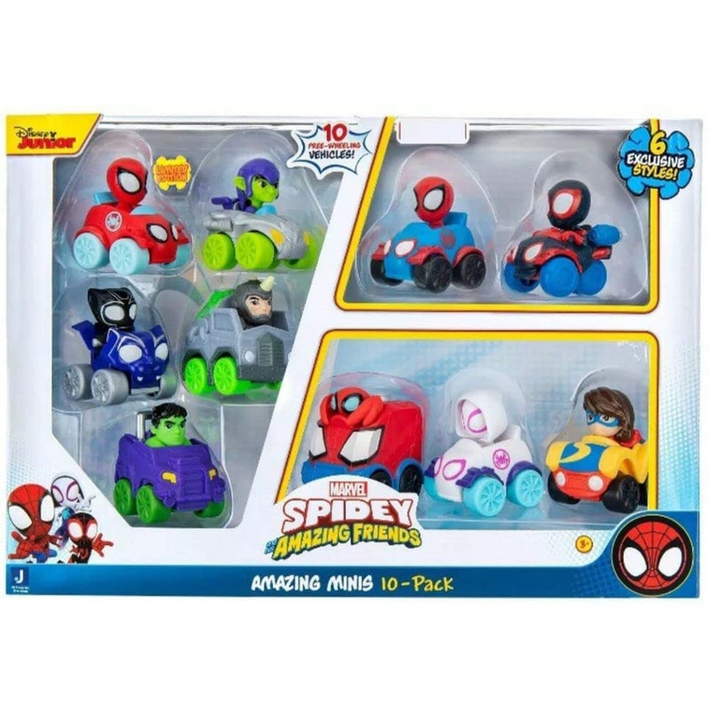 VORAGA Marvel's Spidey and his Amazing Friends SNF0046 10-Pack-2” Mini Vehicle Assortment Including, Ghost Spider, Miles, Hulk, and More-Toys Featuring Your Friendly Neighbourhood Spideys, Multi - Image 1