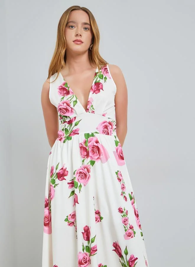 Take Two White Floral Print Sleeveless A-Line Maxi Dress