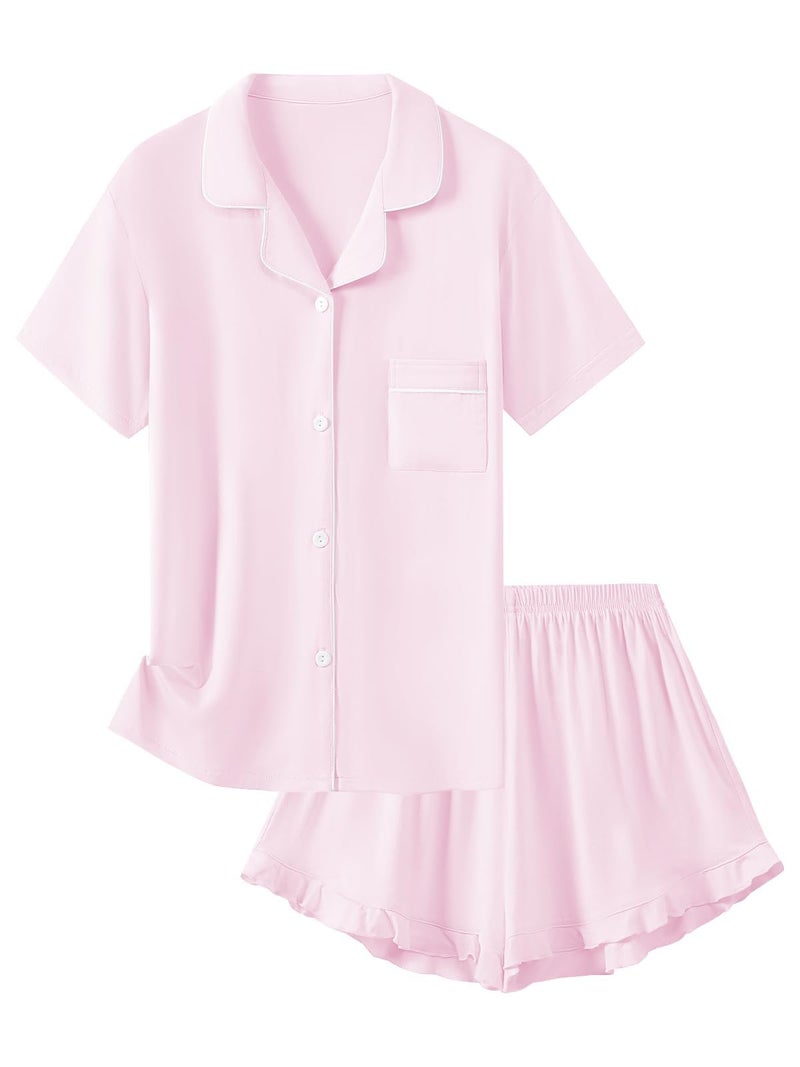 Schbbbta Girls Pajamas Set 2 Piece Button Down Pjs Soft Ruffle Sleepwear Loungewear Nightwear, Pink, 11-12 Years - Image 1