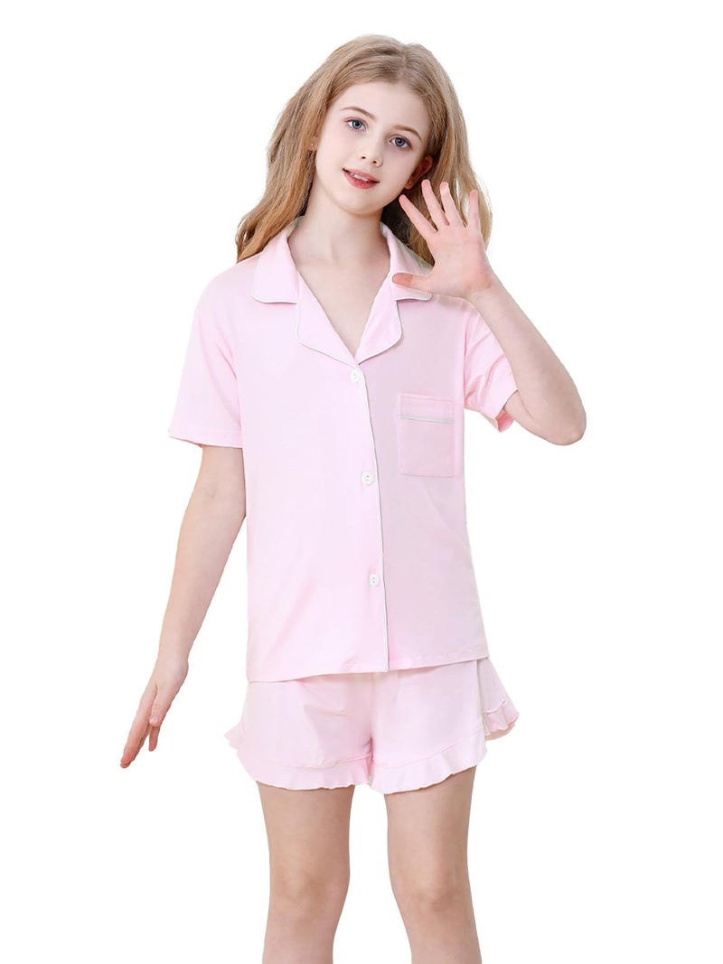 Schbbbta Girls Pajamas Set 2 Piece Button Down Pjs Soft Ruffle Sleepwear Loungewear Nightwear, Pink, 11-12 Years - Image 5