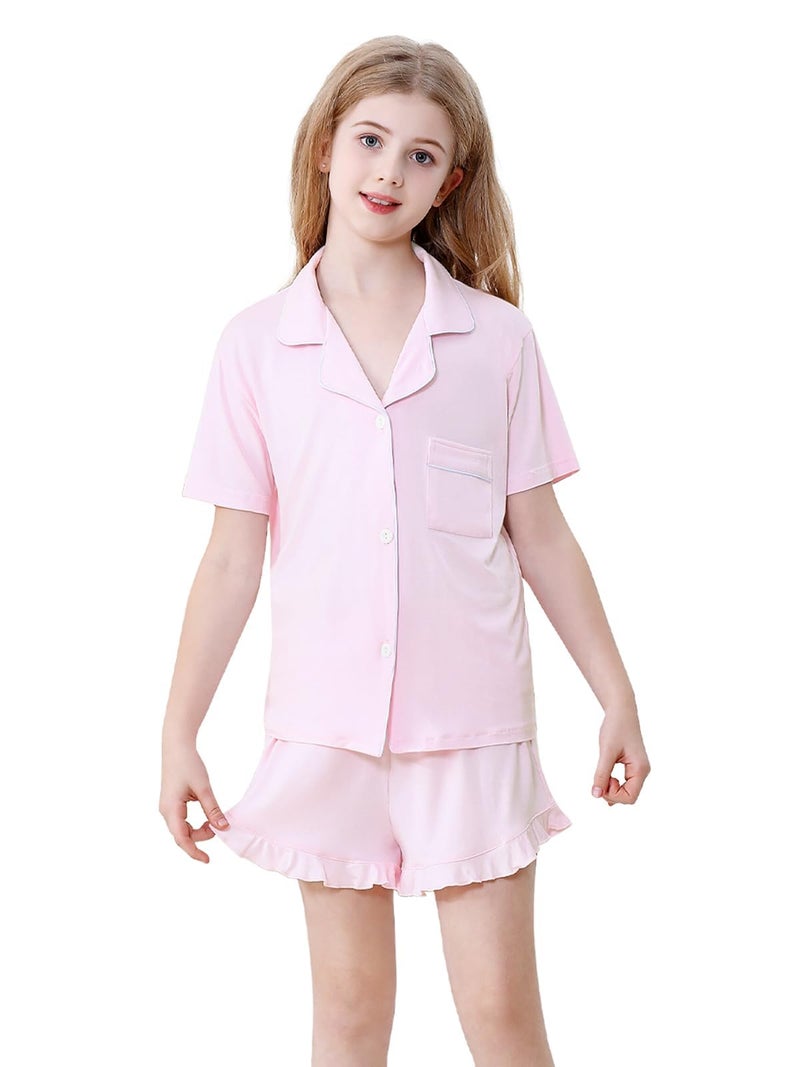 Schbbbta Girls Pajamas Set 2 Piece Button Down Pjs Soft Ruffle Sleepwear Loungewear Nightwear, Pink, 11-12 Years - Image 2