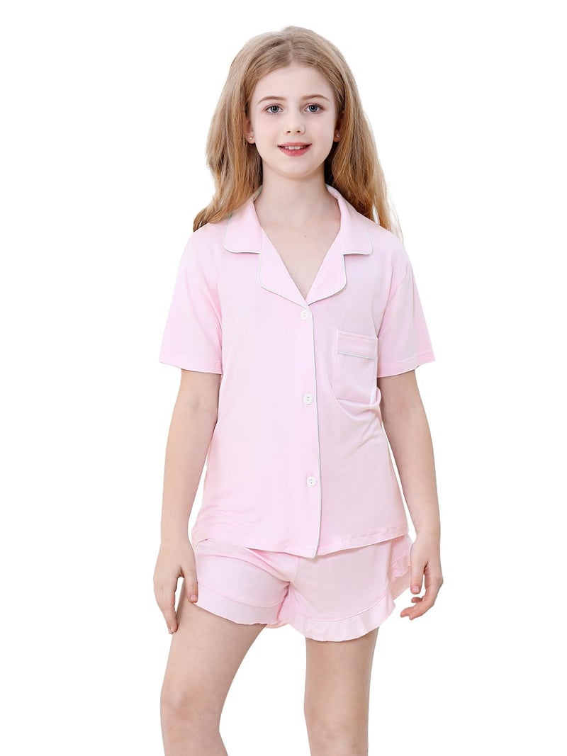 Schbbbta Girls Pajamas Set 2 Piece Button Down Pjs Soft Ruffle Sleepwear Loungewear Nightwear, Pink, 11-12 Years - Image 4