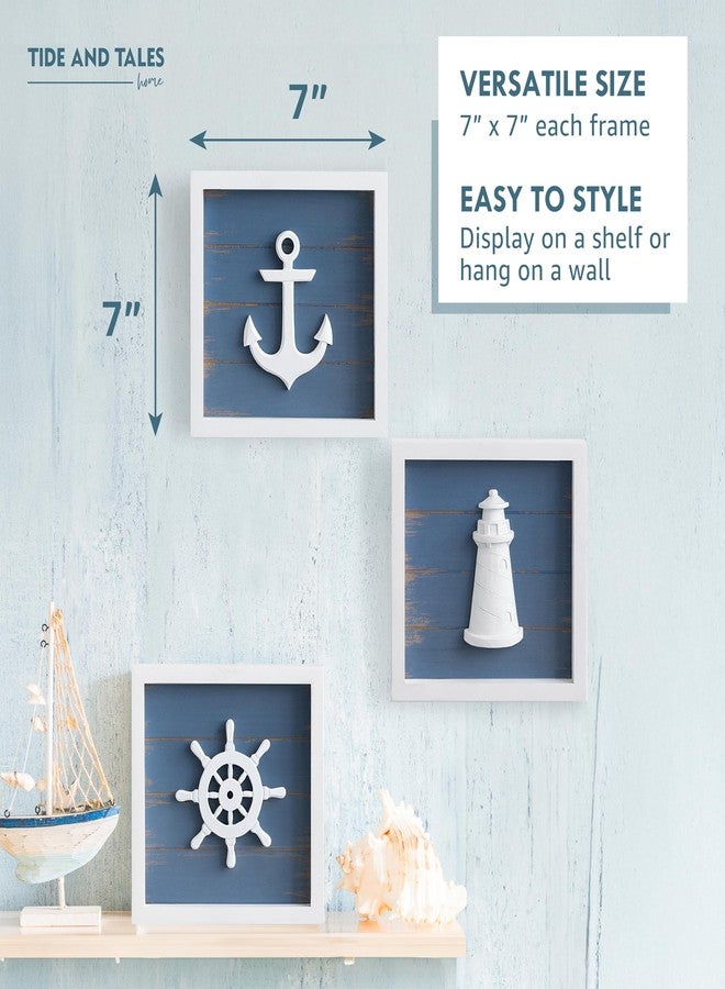 Tide and Tales ديكور حائط بحري من تايد آند تيلز (7 بوصات × 7 بوصات) مع مرساة ثلاثية الأبعاد ومنارة وعجلة قيادة سفينة - ديكورات منزلية ريفية مستوحاة من الشاطئ والمحيط - هدايا بحرية بطابع ساحلي - مجموعة شهيرة من 3 قطع، أزرق كلاسيكي - Image 4