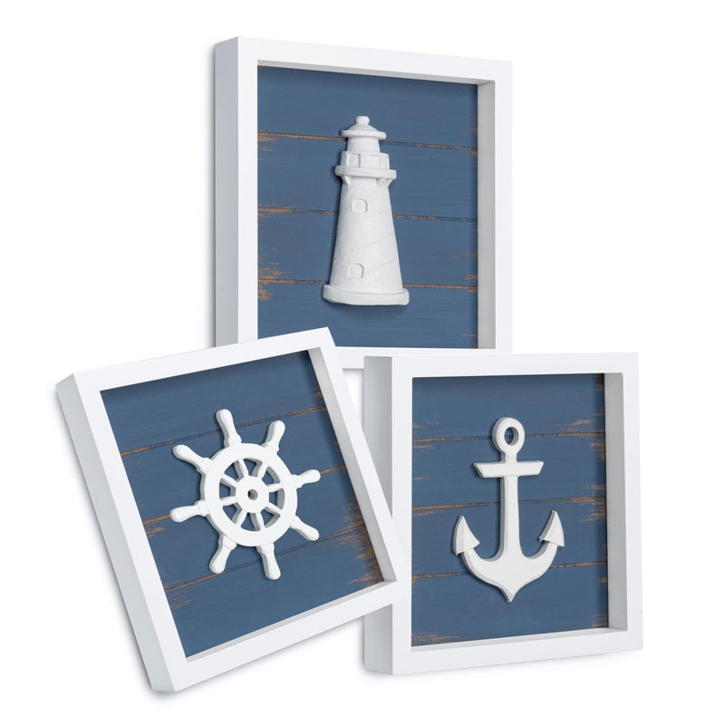 Tide and Tales ديكور حائط بحري من تايد آند تيلز (7 بوصات × 7 بوصات) مع مرساة ثلاثية الأبعاد ومنارة وعجلة قيادة سفينة - ديكورات منزلية ريفية مستوحاة من الشاطئ والمحيط - هدايا بحرية بطابع ساحلي - مجموعة شهيرة من 3 قطع، أزرق كلاسيكي - Image 1