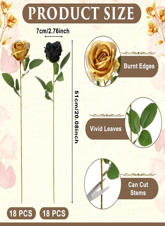 Hoemwarm 36 Pcs Silk Black Gold Rose Bouquet Bridal Artificial Flowers,Fake Rose Long Stem Realistic Flowers Bulk for Wedding Bouquet Ball Arrangement Centerpiece Party Decor - Image 2