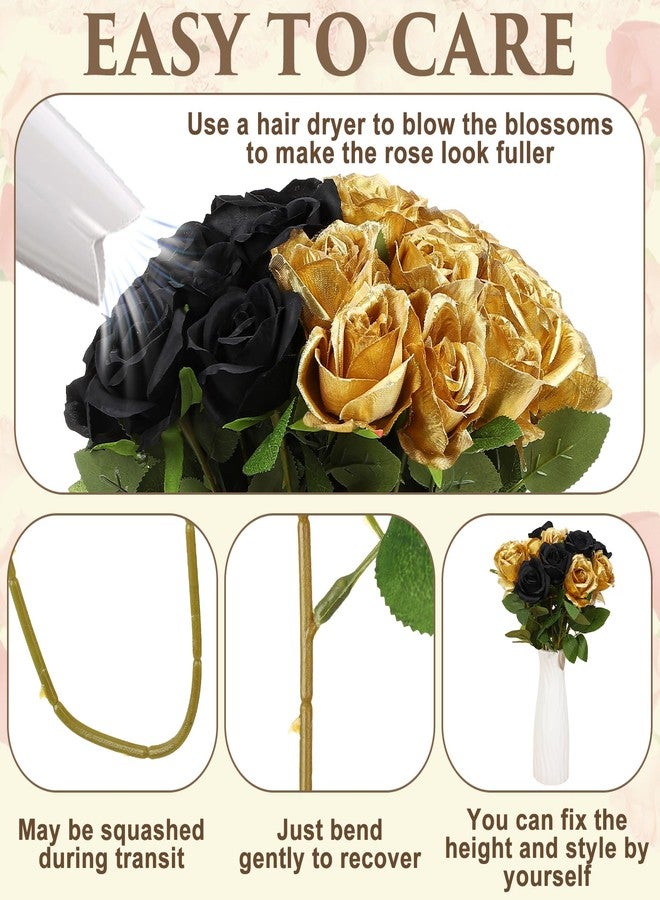 Hoemwarm 36 Pcs Silk Black Gold Rose Bouquet Bridal Artificial Flowers,Fake Rose Long Stem Realistic Flowers Bulk for Wedding Bouquet Ball Arrangement Centerpiece Party Decor - Image 5