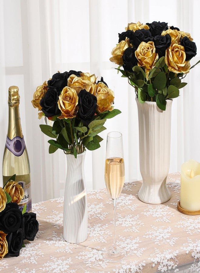 Hoemwarm 36 Pcs Silk Black Gold Rose Bouquet Bridal Artificial Flowers,Fake Rose Long Stem Realistic Flowers Bulk for Wedding Bouquet Ball Arrangement Centerpiece Party Decor - Image 3