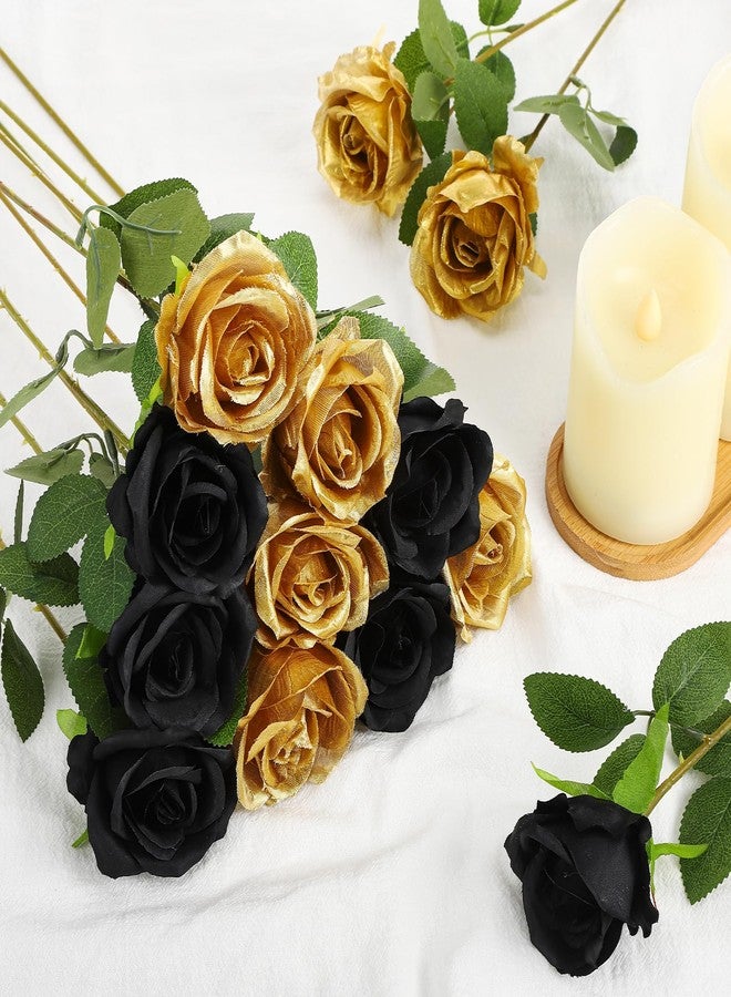 Hoemwarm 36 Pcs Silk Black Gold Rose Bouquet Bridal Artificial Flowers,Fake Rose Long Stem Realistic Flowers Bulk for Wedding Bouquet Ball Arrangement Centerpiece Party Decor - Image 4