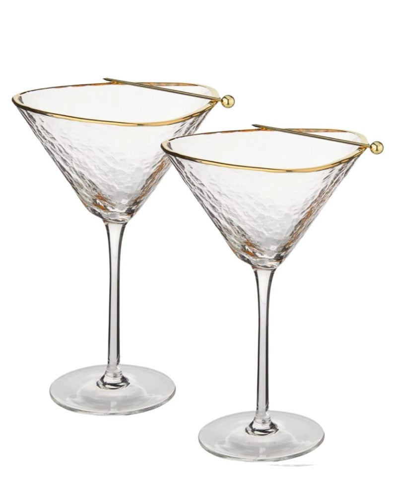 Sister.ly Drinkware HAVE ANOTHER ROUND! Sisterly Drinkware Handmade Hammered Martini Glasses with Gold Rim  Gold Rimmed Martini Glasses Set of 2 and 2 GoldPlated Cocktail Picks Unique Martini Glass Perfect For Cocktails 