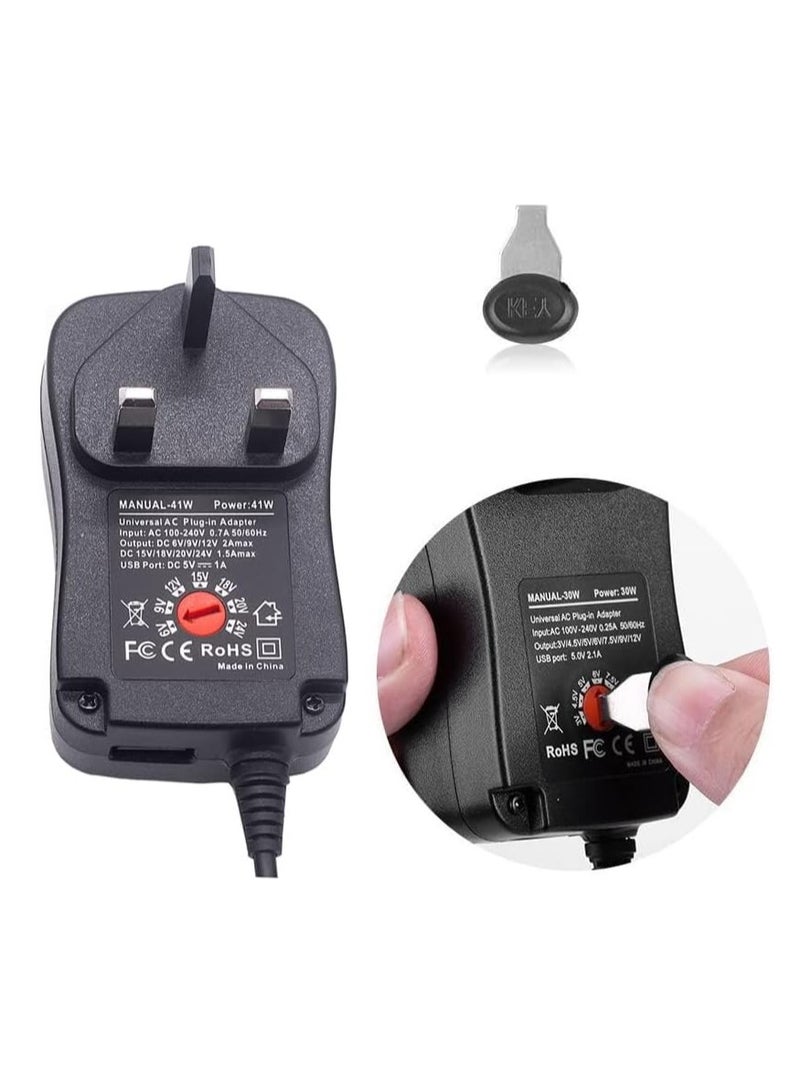 UK Universal Adapter Power Supply,220V TO 6V 9V 12V 15V 18V 24V Adjustable DC Charger Adapter Switching 41W 5V/2.1A USB Port with 6 Selectable Adapter Tips For Wifi Adapter Electronics - Image 3
