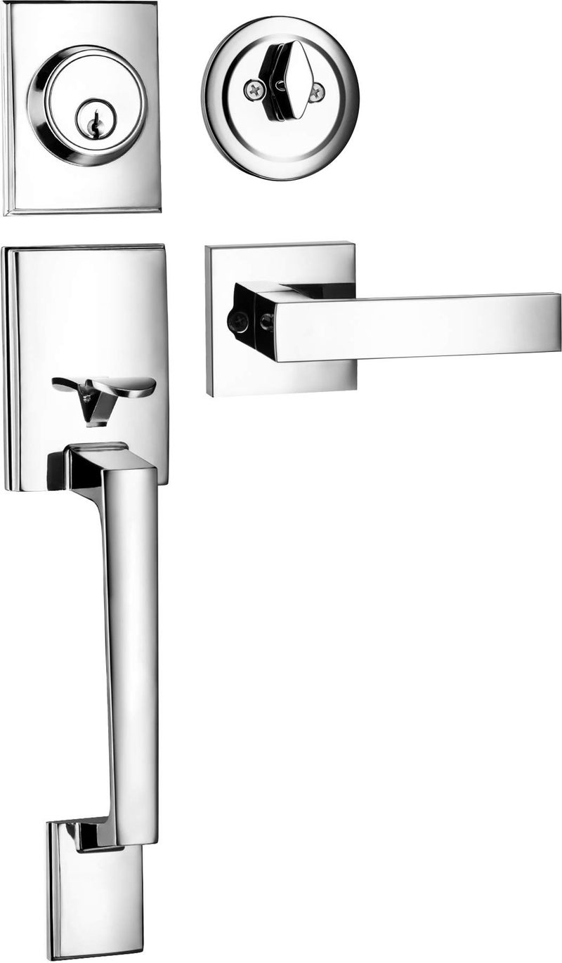 Berlin Modisch Single Cylinder HandleSet with Lever Door Handle (for Entrance and Front Door) Reversible for Right and Left Handed and a Single Cylinder deadbolt Handle Set Polished Chrome Finish - Image 1