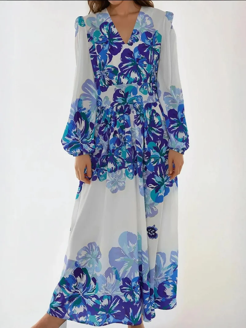 زوبعة فستان ماكسي مطبوع بياقة على شكل