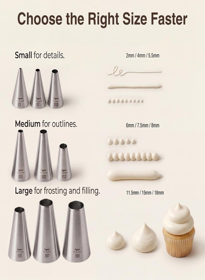Kayaso Round Piping Tip Set - 9 Stainless Steel Pastry Tips in Graduated Sizes with 20 Disposable Decorating Bags for Cupcakes, Cakes, Cookies, and Frosting Design - Image 3