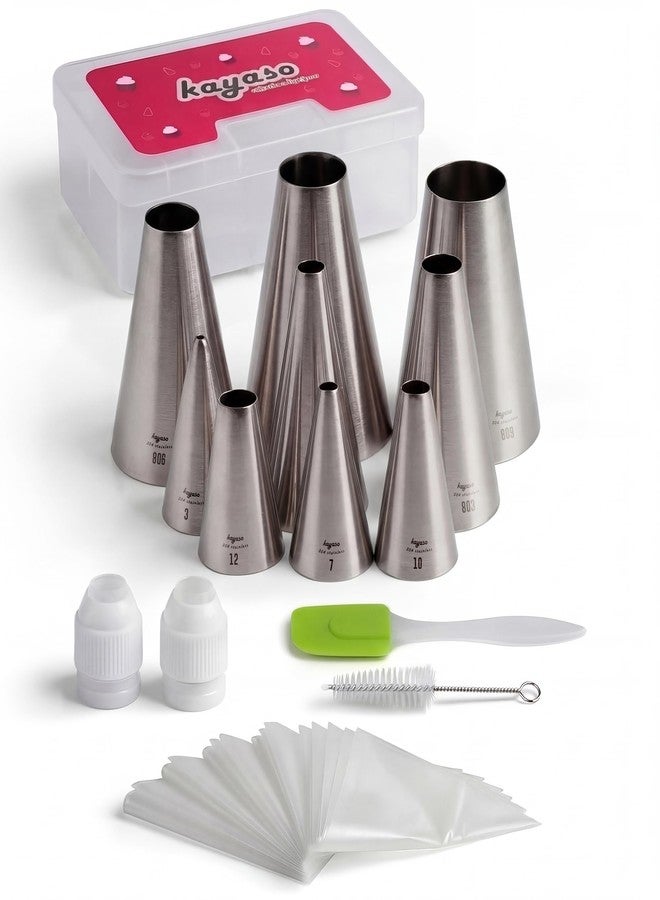 Kayaso Round Piping Tip Set - 9 Stainless Steel Pastry Tips in Graduated Sizes with 20 Disposable Decorating Bags for Cupcakes, Cakes, Cookies, and Frosting Design - Image 1