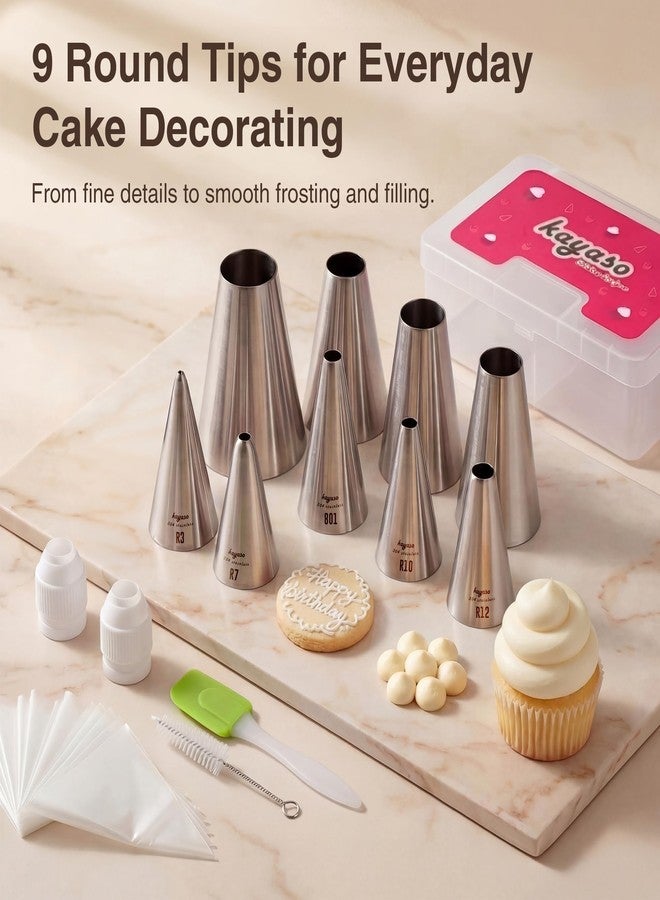 Kayaso Round Piping Tip Set - 9 Stainless Steel Pastry Tips in Graduated Sizes with 20 Disposable Decorating Bags for Cupcakes, Cakes, Cookies, and Frosting Design - Image 2