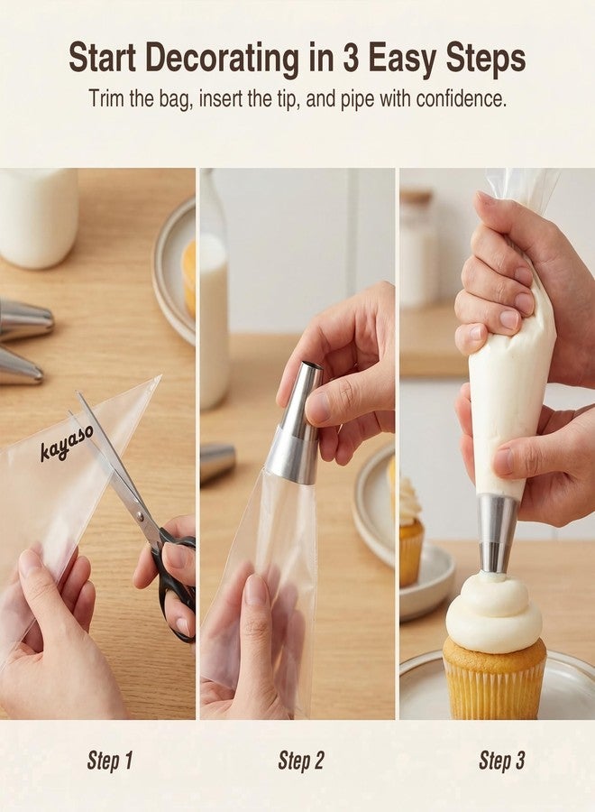 Kayaso Round Piping Tip Set - 9 Stainless Steel Pastry Tips in Graduated Sizes with 20 Disposable Decorating Bags for Cupcakes, Cakes, Cookies, and Frosting Design - Image 5