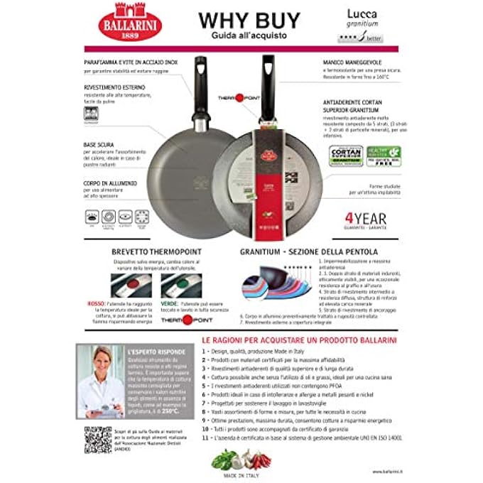 بالاريني مقلاة لوكا جرانيتيوم 28 سم لجميع أنواع المواقد باستثناء الحث الحراري، هيكل من الألومنيوم المطروق، طلاء جرانيتيوم غير لاصق، مقبض مريح يبقى باردًا، آمن للاستخدام في الفرن بحد أقصى 160 درجة مئوية، صنع في إيطاليا - Image 4