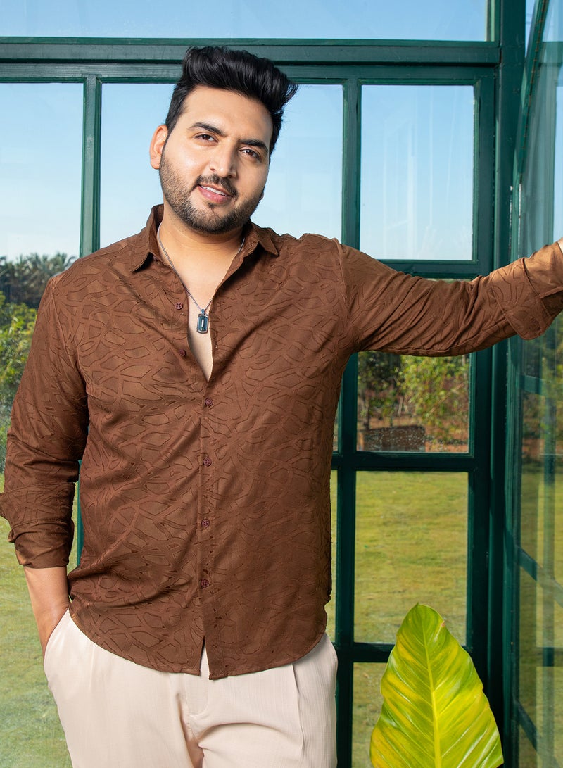Instafab Plus Men's Camel Brown Abstract-Edge Shirt For Casual Wear | Spread Collar | Long Cuffed Sleeves | Button Closure | Plus Size Shirt Crafted With Comfort Fit For Everyday Wear - Image 1