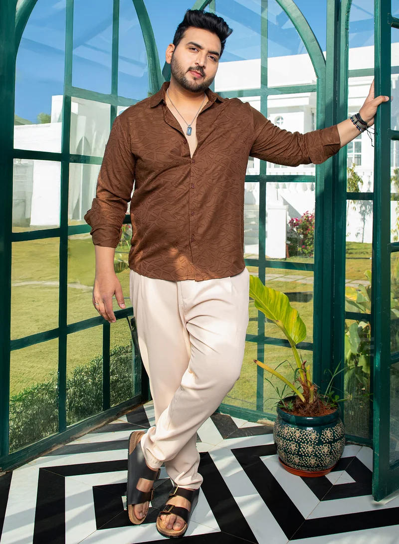 Instafab Plus Instafab Plus Men's Camel Brown Abstract-Edge Shirt For Casual Wear | Spread Collar | Long Cuffed Sleeves | Button Closure | Plus Size Shirt Crafted With Comfort Fit For Everyday Wear
