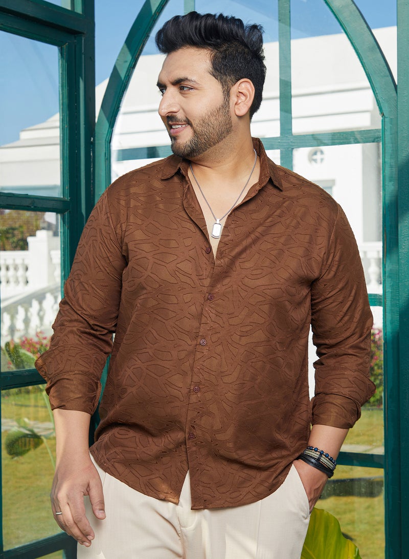 Instafab Plus Men's Camel Brown Abstract-Edge Shirt For Casual Wear | Spread Collar | Long Cuffed Sleeves | Button Closure | Plus Size Shirt Crafted With Comfort Fit For Everyday Wear - Image 2