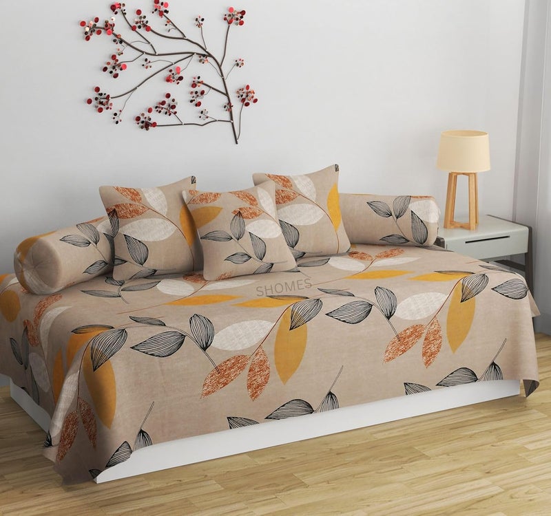 SHOMES SHOMES Pure Soft Glace Cotton Floral Printed Diwan Set Covers 6 Pieces 1 Single Bed Sheet 60 X 90 with 3 Cushion 16 X 16 2 Bolster Covers 16 X 32 Brown Leaf  - Image 1