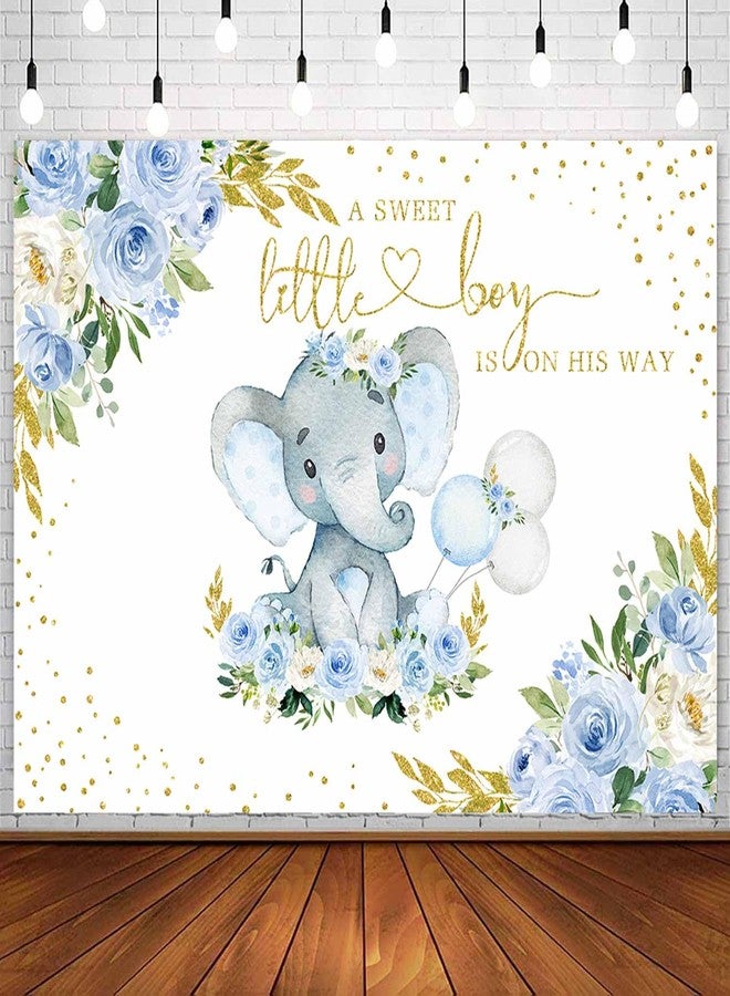 Sensfun Elephant Boy Baby Shower Backdrop Blue Watercolor Flower Little Peanut Elephant Baby Shower Decorations Cake Table Banner Party Photography Background Photoshoot Props (7x5ft) - Image 1