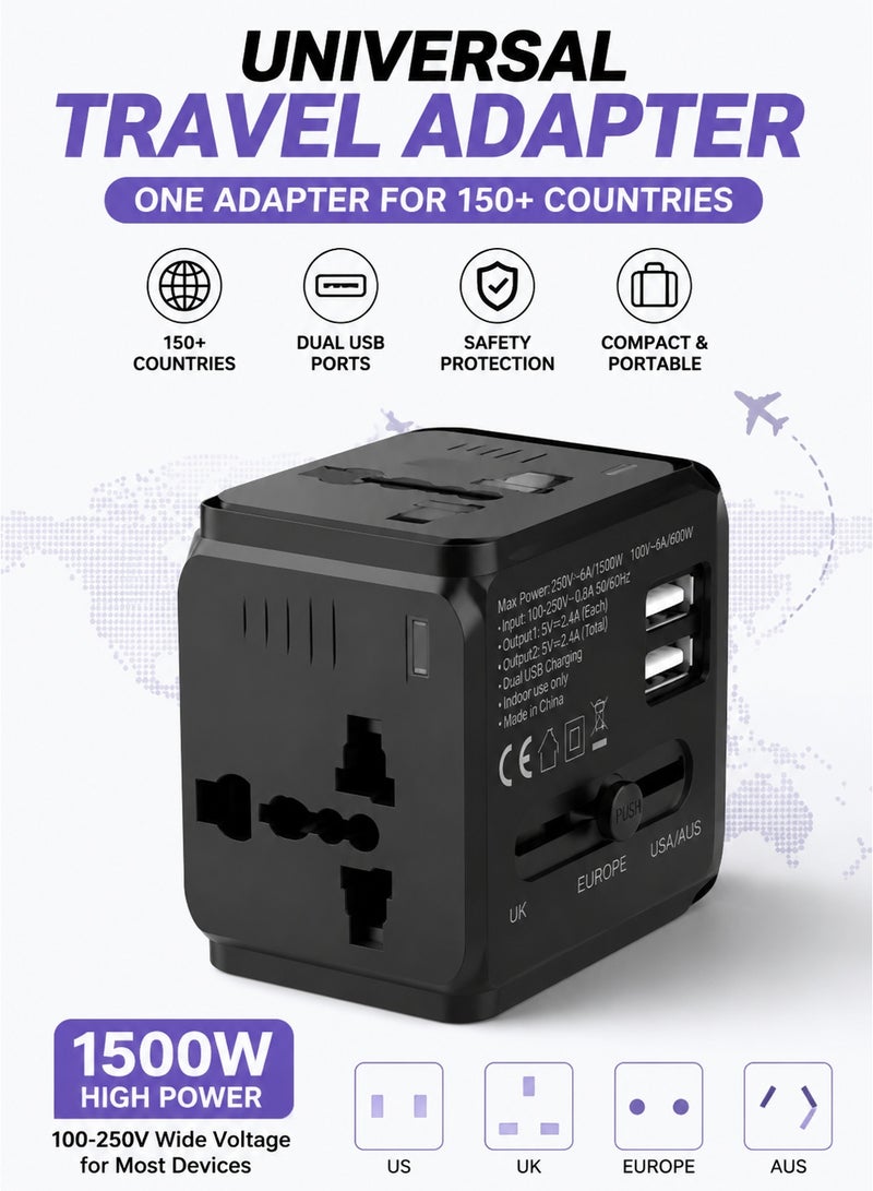 اوليو محول السفر الدولي العالمي العالمي - محول طاقة شاحن USB متعدد الوظائف - محول جداري لمقبس التوصيل المتعدد مع منفذ USB مزدوج بقوة 2.4A - Image 1