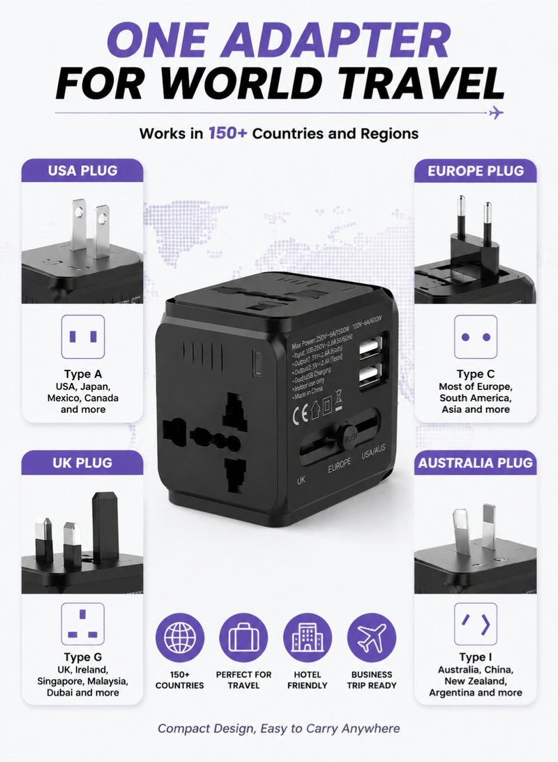 اوليو محول السفر الدولي العالمي العالمي - محول طاقة شاحن USB متعدد الوظائف - محول جداري لمقبس التوصيل المتعدد مع منفذ USB مزدوج بقوة 2.4A - Image 2