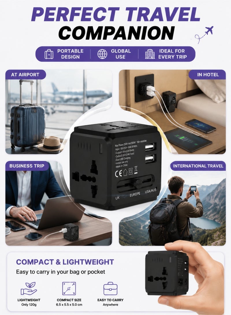 اوليو محول السفر الدولي العالمي العالمي - محول طاقة شاحن USB متعدد الوظائف - محول جداري لمقبس التوصيل المتعدد مع منفذ USB مزدوج بقوة 2.4A - Image 5