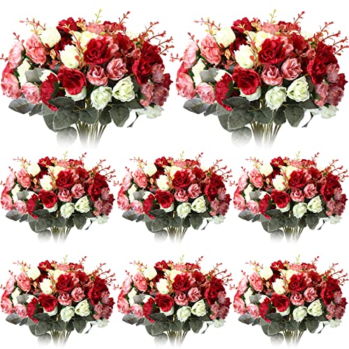 Geosar 8 Pcs Rose Artificial Flowers Fake Flowers Bouquet 21 Heads Silk Faux Floral Bundles with Stem for Home Bridal Wedding Arrangements Table Centerpieces Party Decor Mixed Colors - Image 1