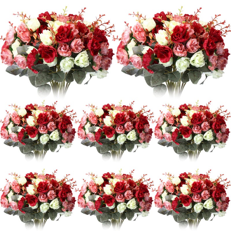 Geosar 8 Pcs Rose Artificial Flowers Fake Flowers Bouquet 21 Heads Silk Faux Floral Bundles with Stem for Home Bridal Wedding Arrangements Table Centerpieces Party Decor Mixed Colors - Image 2