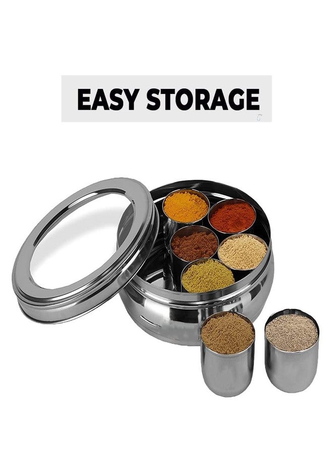 INKULTURE Stainless Steel Masala Box For Kitchen, Belly Shaped And Capacity 1.5 Liter | Spice Box/Masala Dabba/Namak Dani With See Through Lid, 07 Containers And Spoon | Anjarai Petti - Image 2