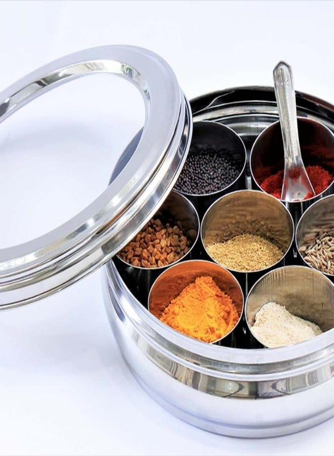 INKULTURE Stainless Steel Masala Box For Kitchen, Belly Shaped And Capacity 1.5 Liter | Spice Box/Masala Dabba/Namak Dani With See Through Lid, 07 Containers And Spoon | Anjarai Petti - Image 3