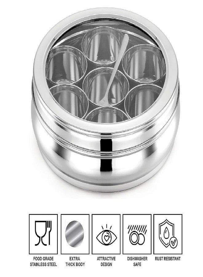 INKULTURE Stainless Steel Masala Box For Kitchen, Belly Shaped And Capacity 1.5 Liter | Spice Box/Masala Dabba/Namak Dani With See Through Lid, 07 Containers And Spoon | Anjarai Petti - Image 5