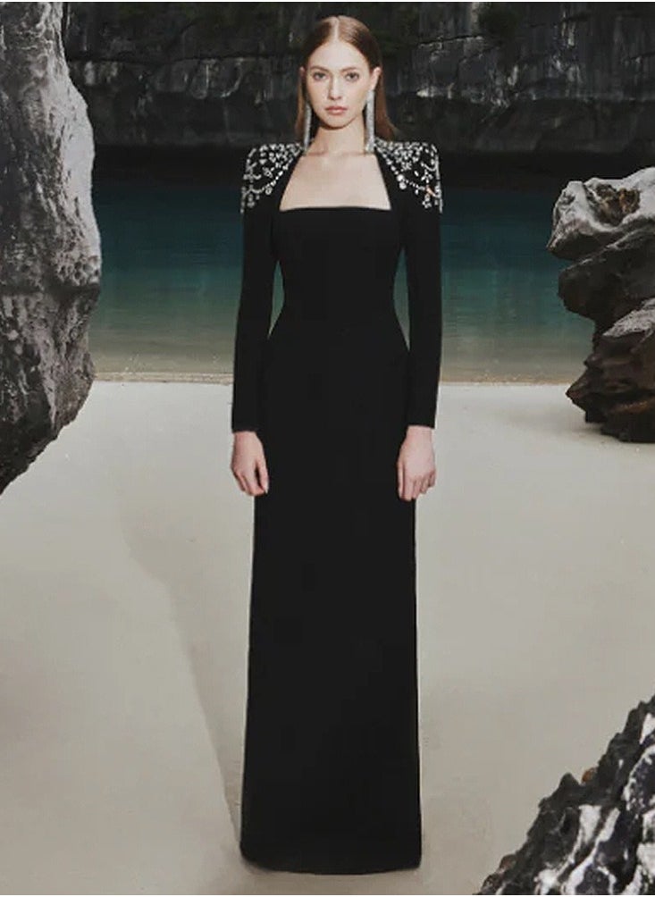 Fashionable Square-neck Long-sleeved Long Dress Dress, Beaded And Diamond-encrusted Long Ladies' Dress