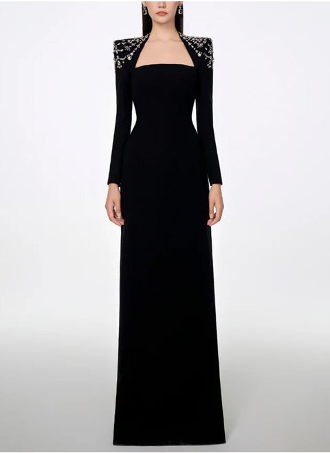 Fashionable Square-neck Long-sleeved Long Dress Dress, Beaded And Diamond-encrusted Long Ladies' Dress