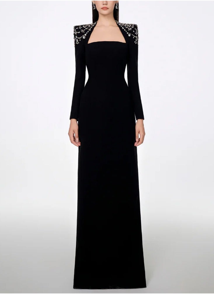 Fashionable Square-neck Long-sleeved Long Dress Dress, Beaded And Diamond-encrusted Long Ladies' Dress