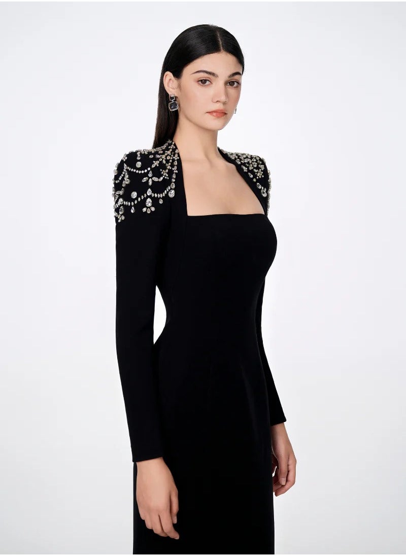 Fashionable Square-neck Long-sleeved Long Dress Dress, Beaded And Diamond-encrusted Long Ladies' Dress