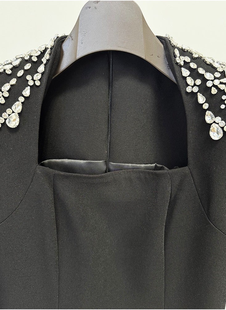 Fashionable Square-neck Long-sleeved Long Dress Dress, Beaded And Diamond-encrusted Long Ladies' Dress