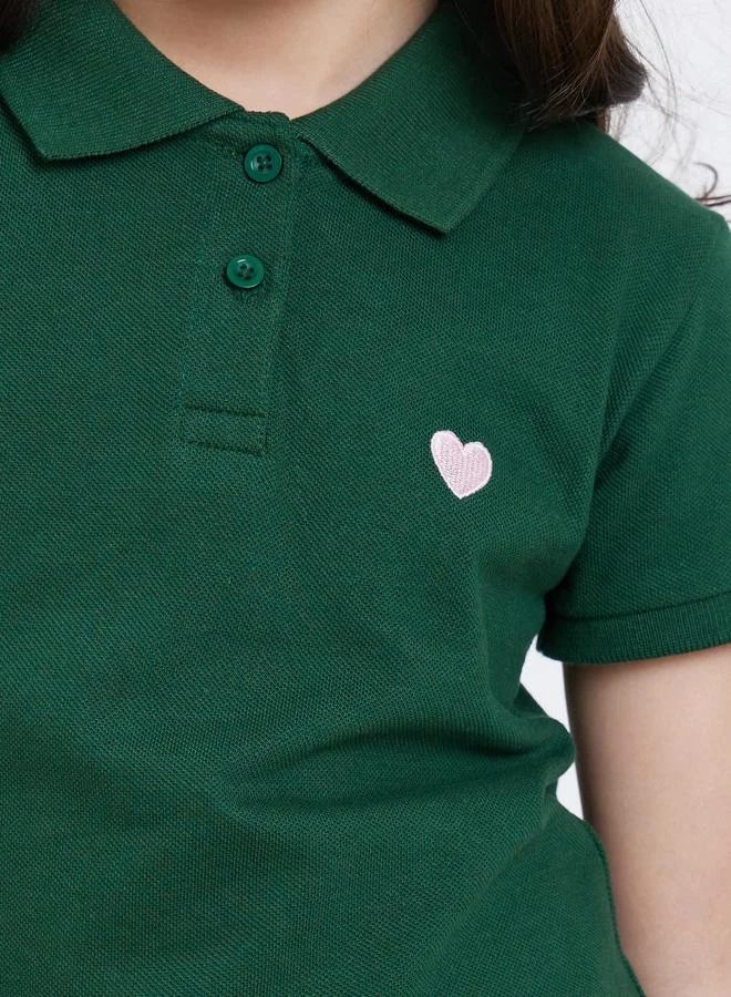 Styli Styli Girls Green Heart Embroidered Detail Polo Dress
