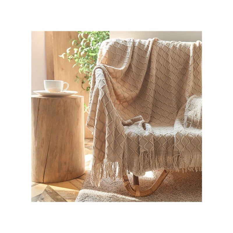 Tassel Design Soft Blanket Keep Warm Cotton Beige 127 x 172cm - Image 3