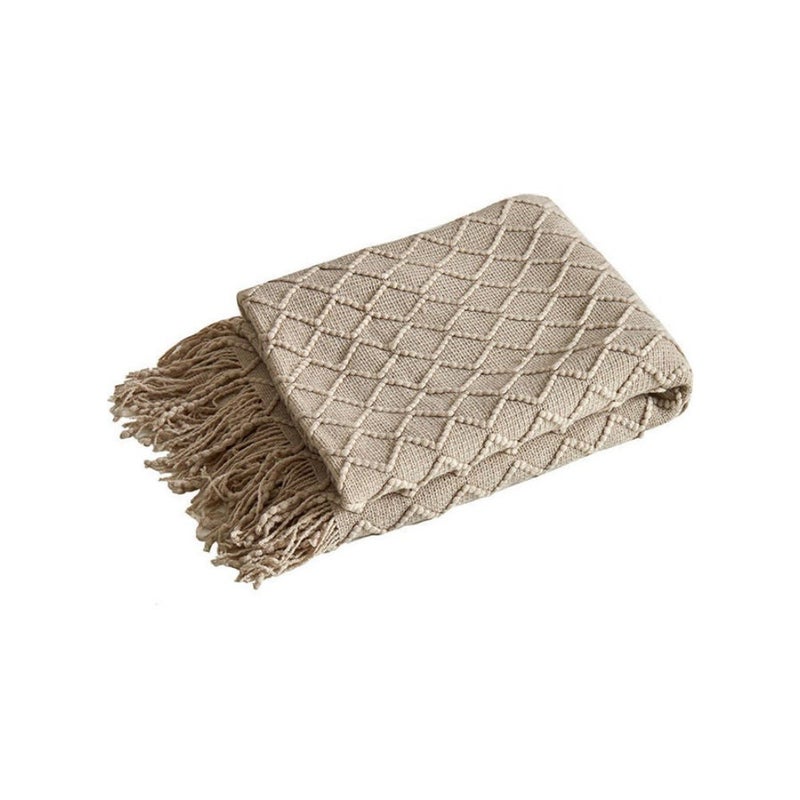 Tassel Design Soft Blanket Keep Warm Cotton Beige 127 x 172cm - Image 1