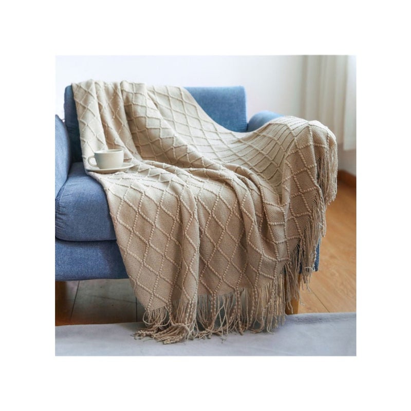 Tassel Design Soft Blanket Keep Warm Cotton Beige 127 x 172cm - Image 5