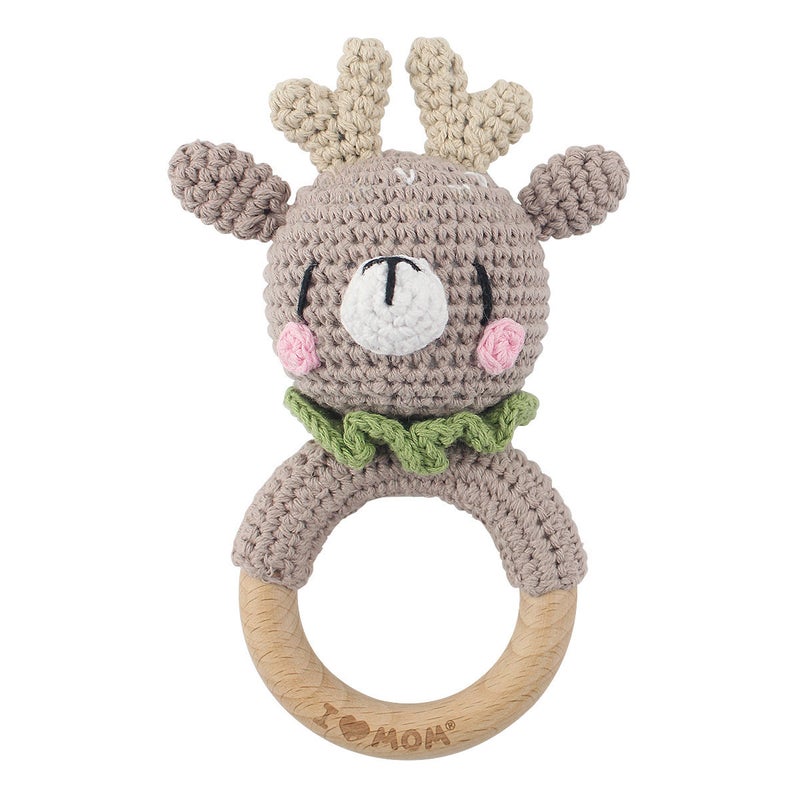 Handmade Wooden Yarn Rattle, Baby Soothing Teether Toy Green Scarf-Elk 