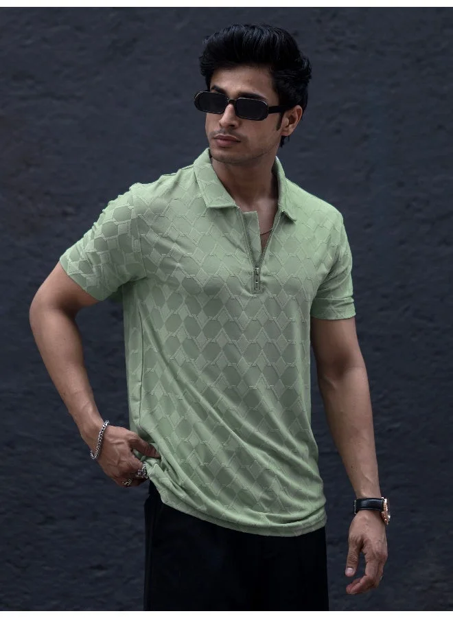 Maniac Maniac Mens Textured Polo Neck Half Sleeve Pista Half Zipper Cotton Lycra Blend T-Shirt