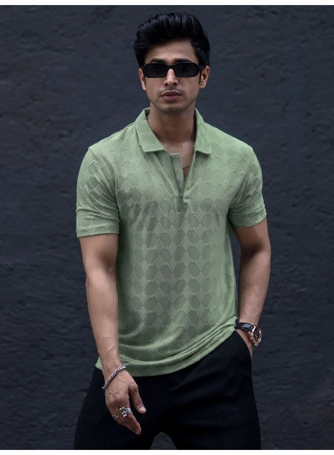 Maniac Maniac Mens Textured Polo Neck Half Sleeve Pista Half Zipper Cotton Lycra Blend T-Shirt