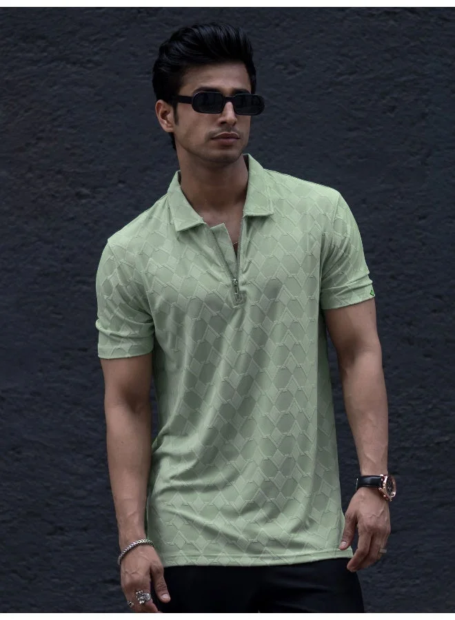 Maniac  Maniac Mens textured polo neck half sleeve pista half zipper cotton lycra blend t-shirt for Men | Best Price UAE