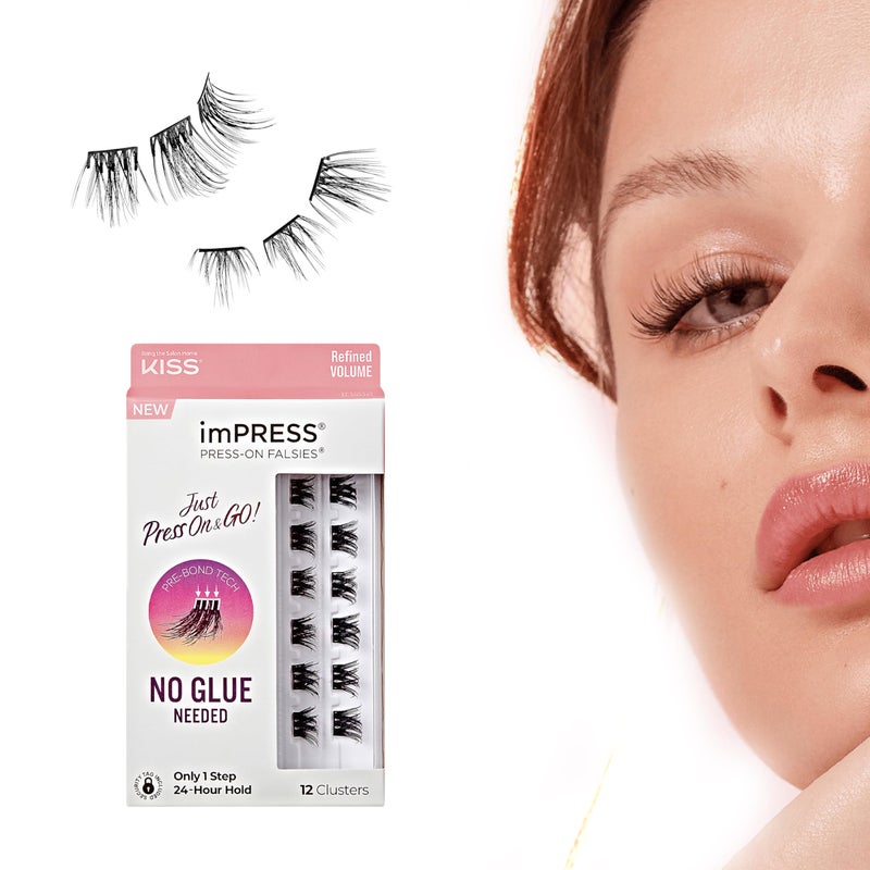 Impress KISS imPRESS Falsies Press On Self Adhesive Eyelashes, 12mm - 14mm Glam Volume Press On Lashes, Black, No Glue Needed, Invisible Band, 12 Lash Clusters - Lavish - Image 1